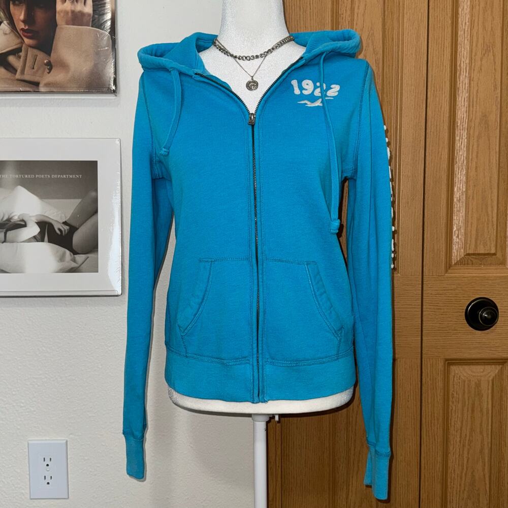 VTG Y2K Hollister Co Bright Blue Fitted Long Sleeve Zip Up‎ Hoodie Size Large